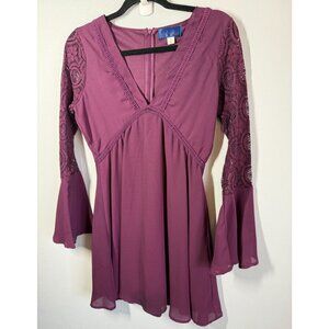 Blue Rain Womens Mauve Fit & Flare Mini Dress Lace Bell Sleeve Sz Small V-Neck